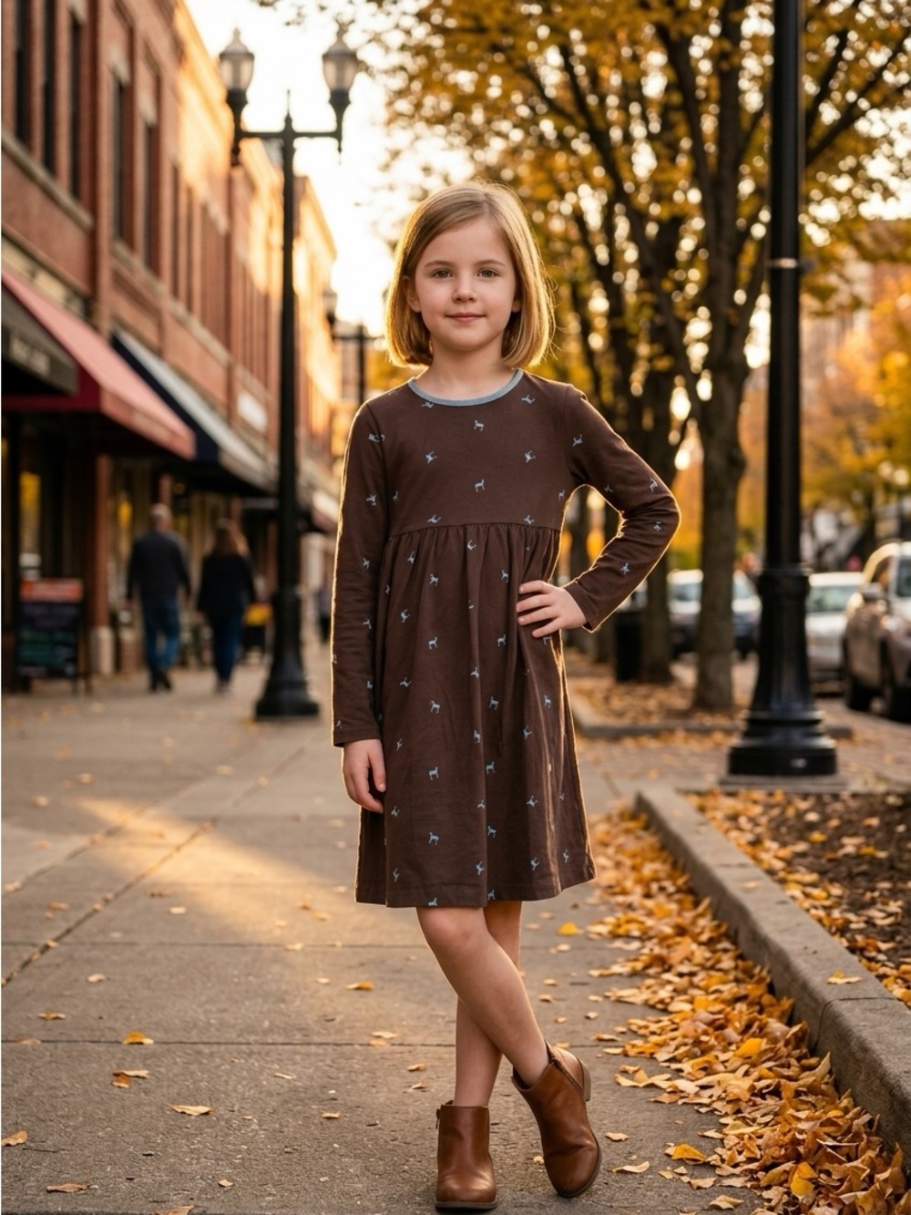 Lands' End Kids Brown Deer Print Long Sleeve Jersey Dress